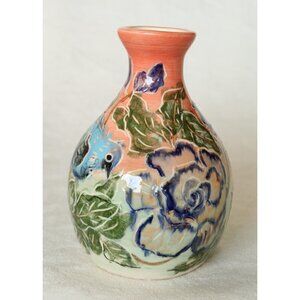 Art Studio Ceramic Pottery Birds & flowers print Bottle Decorative Vase handmade
